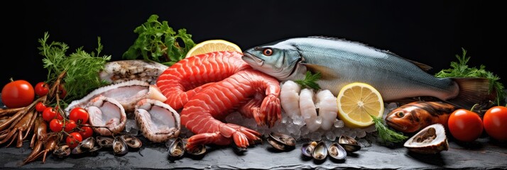Fresh fish and seafood arranged on black background rocks