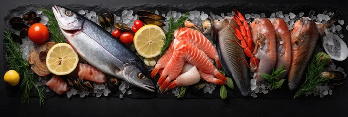 Poster Fresh fish and seafood arranged on black background rocks © somchai20162516
