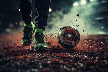 Soccer player kicking the ball on dark background with smoke illustration