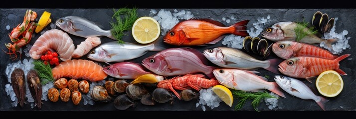 Fresh fish and seafood arranged on black background rocks - Powered by Adobe