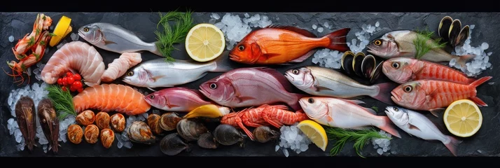 Fotobehang Fresh fish and seafood arranged on black background rocks © somchai20162516