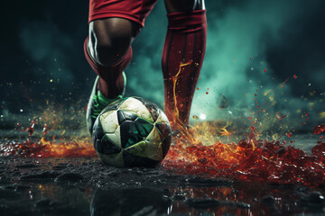 Soccer player kicking the ball on dark background with smoke and fire illustration