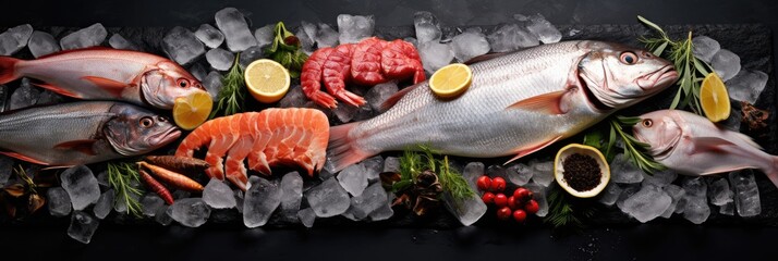 Fresh fish and seafood arranged on black background rocks