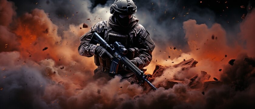 soldier or army silhouetted in smoke, dust, and wearing an overcoat while holding a weapon.