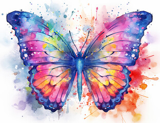 Vibrant Serenity: A Colorful Butterfly Amidst a Watercolor Splash,butterfly on white background,Colorful Butterfly Realistic Illustration
