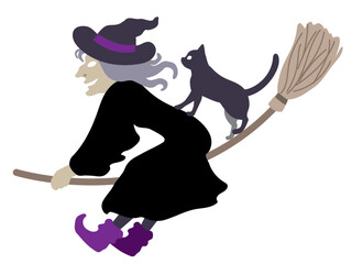 Halloween outlined vector illustration element of spooky, cute and fun flying wicked witch in black costume, enjoying the ride with a black cat.