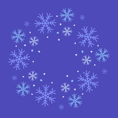 Snowflakes, round frame, snow wreath. Winter, Christmas pattern, delicate decoration, wreath of ice flakes. A lace ring of delicate snowflakes to decorate a banner, congratulations, greetings. Vector