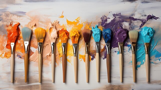 Brushes with different colors lie on the artist's canvas. Creative Process