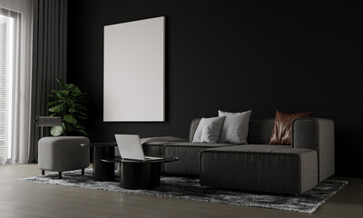 Home interior, luxury modern dark living room interior, poster frame mock up, Grey sofa and notebook computer mock up, 3d render