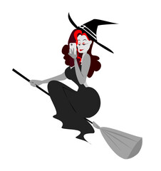  Witch riding a gravel stick and taking a selfie.Illustration woman on isolate background.Halloween concept.Not made from AI.