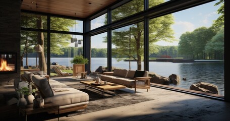 Living room with large glass windows.