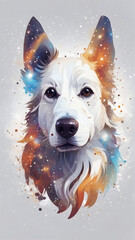 a dog's face with stars and space in the background