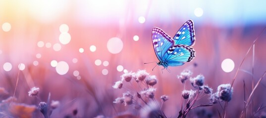 Blue butterfly at sunset field. Generative AI technology.