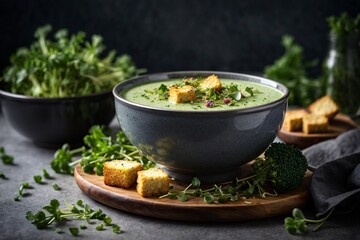Broccoli soup with croutons and micro greens served in a bowl on a gray background Vegan recipe for spring. Generative AI.