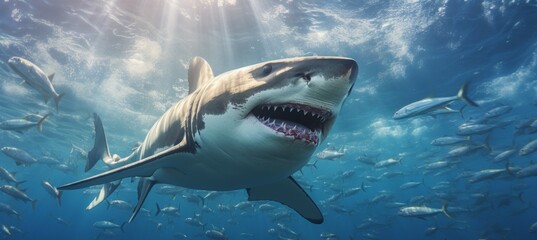 White shark and fish herd. Generative AI technology.