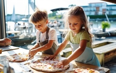 Kids are making a pizza in a family cafe with panoramic views of the waterfront. Generative AI - obrazy, fototapety, plakaty