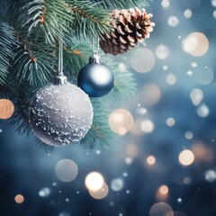 Fototapeta na wymiar Christmas Pine Tree christmas balls with Bokeh Background, ai generate