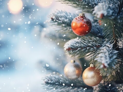 Christmas Pine Tree christmas balls with Bokeh Background, ai generate