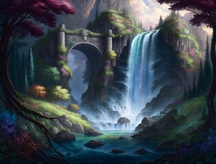 There is a fantastic waterfall in the Magical Forest cascading down a rocky cliff The water is a deep blue shining with magical powers and said to have healing properties It is framed by lush green 