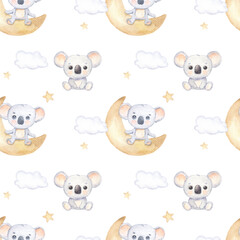 Seamless pattern with cute koala on crescent moon. Funny childish background for fabric, nursery wallpaper. Hand drawn baby koala