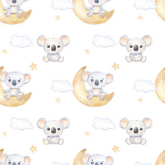 Seamless pattern with cute koala on crescent moon. Funny childish background for fabric, nursery wallpaper. Hand drawn baby koala