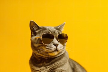Closeup portrait of funny ginger cat wearing sunglasses isolated on yellow.Copyspace.Generative AI - obrazy, fototapety, plakaty