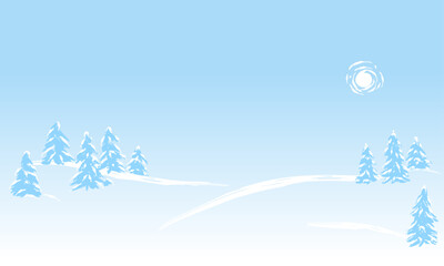 Vector illustration of winter landscape. Simple background with snowy hills and trees.