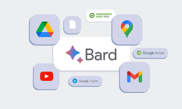 Google Bard Chat Bot with other Google Products, Artificial Intelligence Illustration, Google Drive, Google Maps, Google Docs, Google Flights, Google Hotels, Gmail, Youtube Logos Icon, AI Template