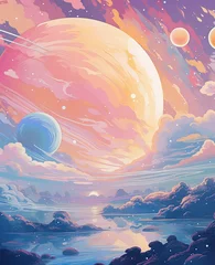 Fototapeten Surreal Landscape: A colorful Planet in a Dreamy Sky,Ultra-realistic dreamy planet illustration, pink blue orange pink color scheme © Moon