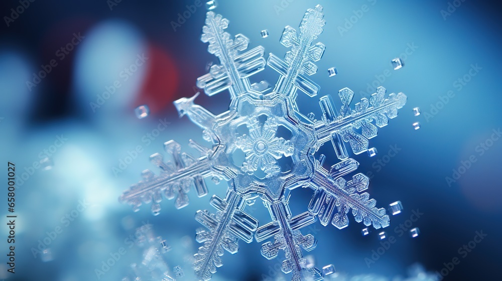Poster a close up of a snowflake with a blurry background. generative ai
