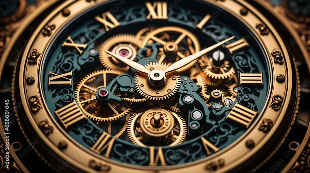 Poster a close up of a gold clock with gears on it. generative ai
