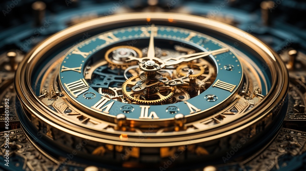 Poster a close up of a clock face with a blue background. generative ai