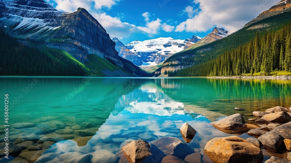 Poster a lake surrounded by mountains and trees with rocks in the foreground. generative ai