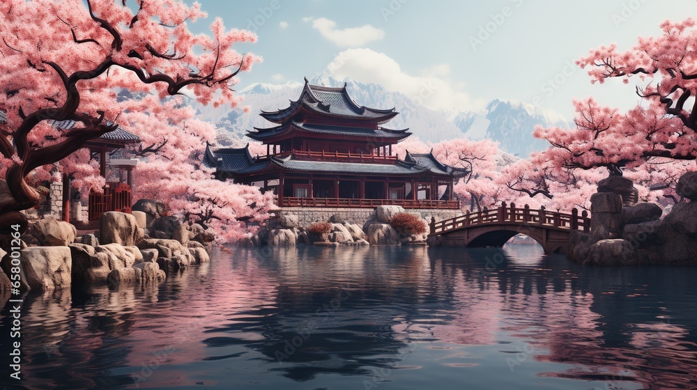 Poster  a painting of a pagoda and a bridge over a pond.  generative ai