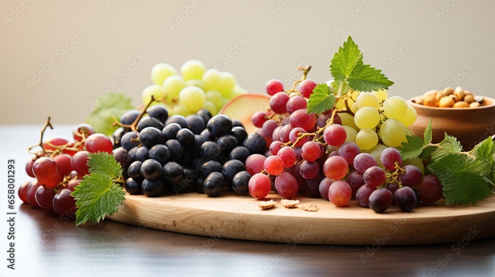 Poster a bunch of grapes and nuts on a cutting board on a table. generative ai