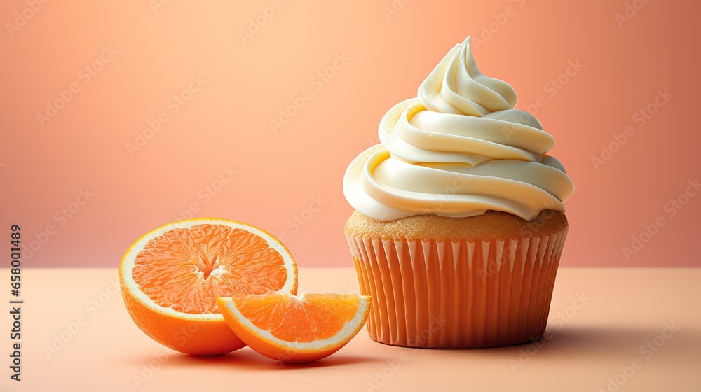 Poster a cupcake with icing and a slice of orange. generative ai