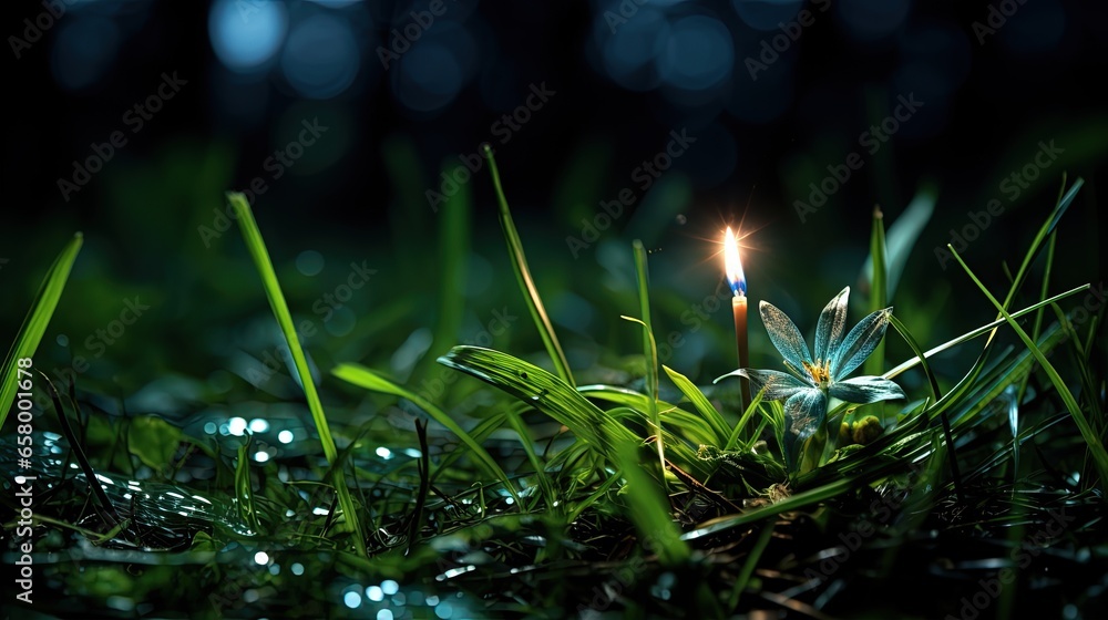 Poster a single candle is lit in the grass with dew on it. generative ai