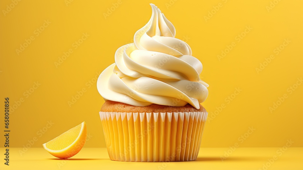 Poster a cupcake with white frosting and a slice of lemon. generative ai