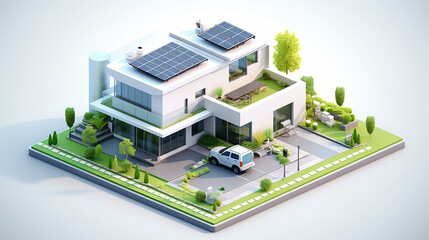 3d Isometric eco house,garden ,tree, flower