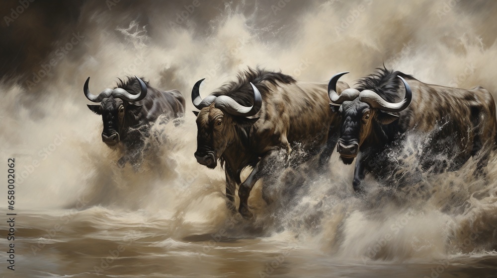 Poster a painting of three bulls running through a body of water. generative ai