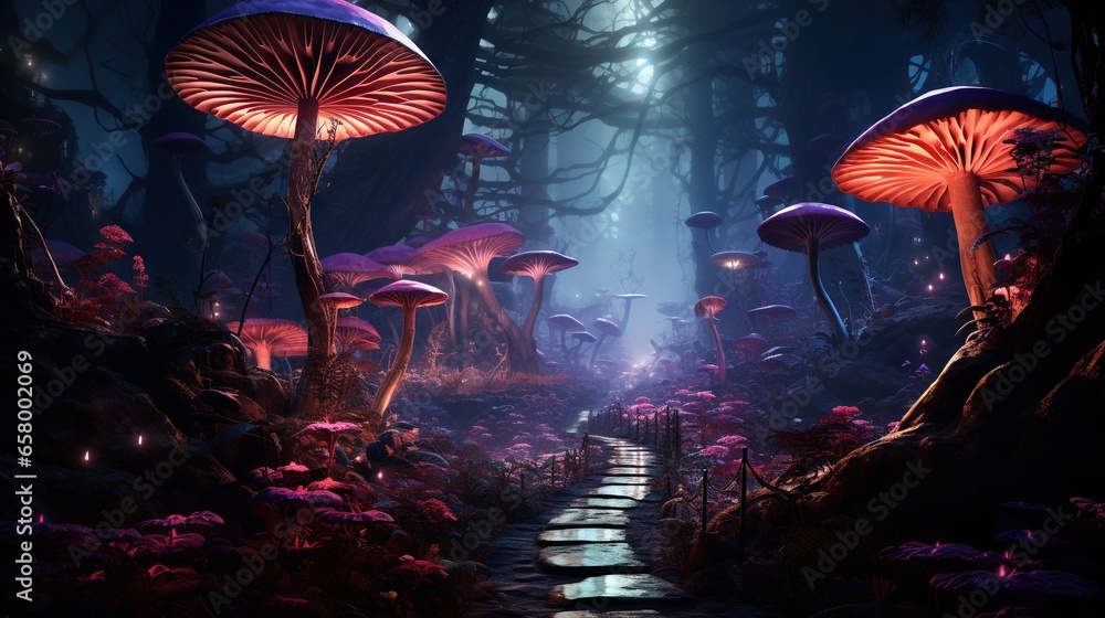 Aufkleber a path leading through a forest with glowing mushrooms on it. generative ai