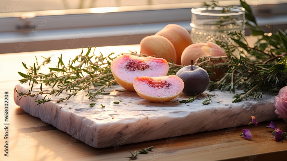 Poster a cutting board topped with sliced up peaches and herbs. generative ai
