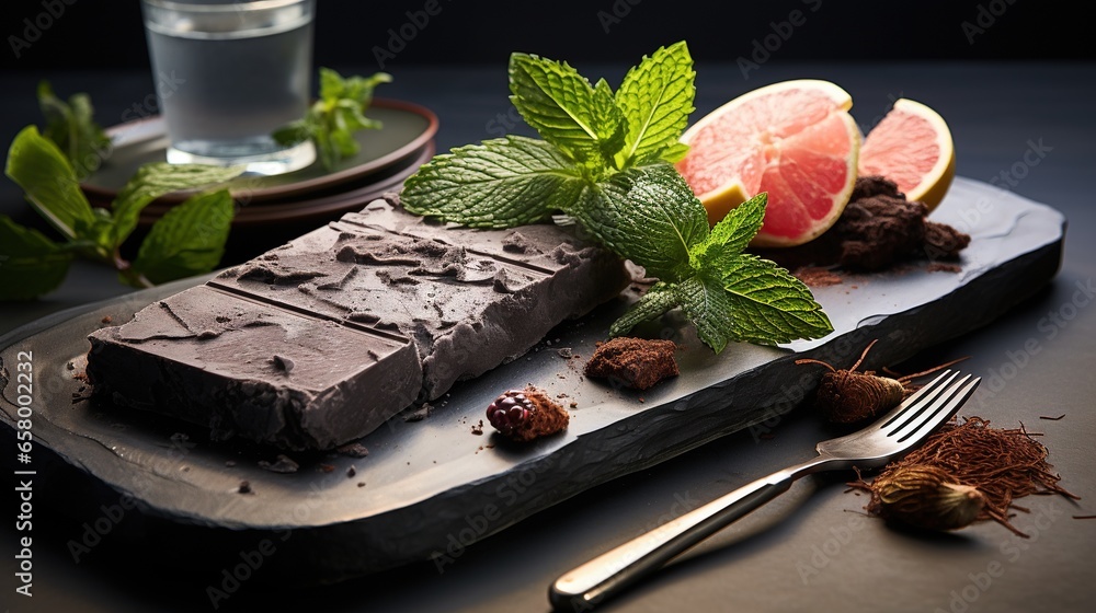 Poster a piece of chocolate with mint and grapefruit on a plate. generative ai