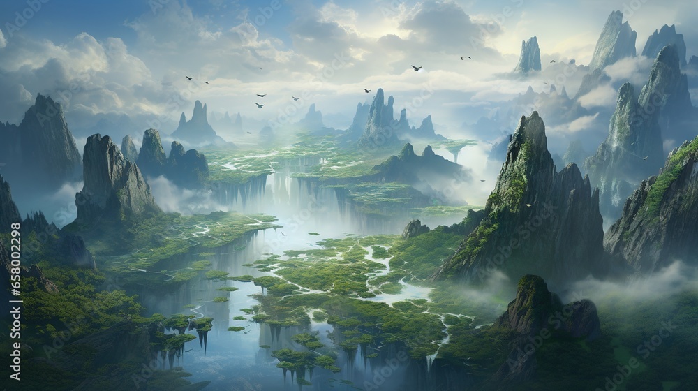 Poster a painting of a mountain range with a river running through it, surrounded by lush green trees and r