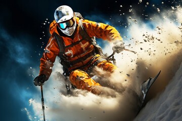 Skier in helmet and goggles skiing downhill in high mountains. Extreme sport and competition.
