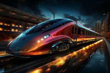 Fototapeta premium High-speed train hurtling down a neon-lit railway, Generative AI