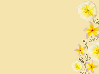 Naklejka premium Yellow floral assorted plumeria flower ith doodle lines border on copy space background