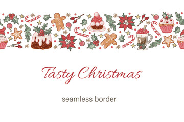 Fototapeta na wymiar Christmas and New Year seamless border with gingerbread man, cupcakes, winter hot drink and poinsettia. Vector illustration.