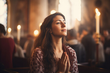 Prayer, christian and worship with woman in church for god - obrazy, fototapety, plakaty