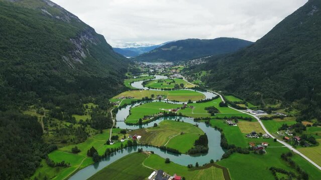 Stryn River and Green Valley at Nordfjord, Vestland, Norway, Scandinavia - Aerial Circling